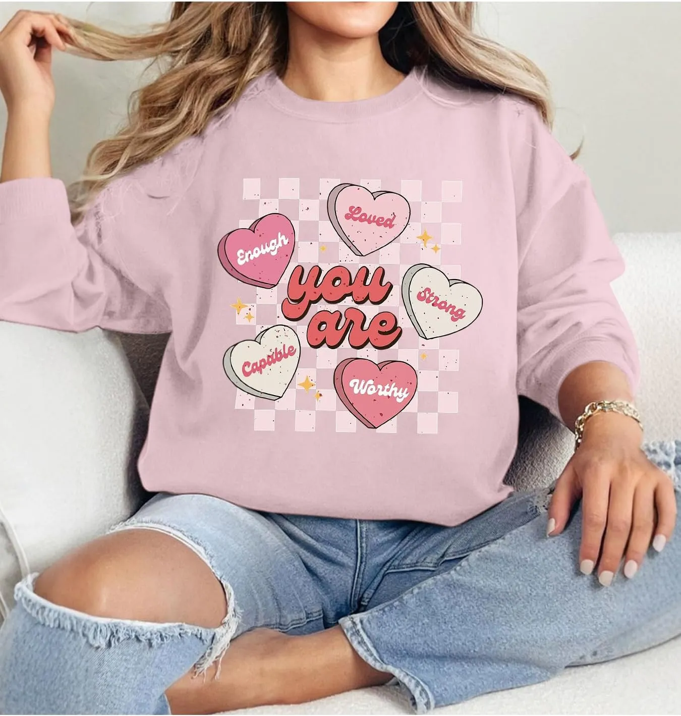 FLORENCE IISA Womens Oversized Graphic Crewneck Sweatshirt Long Sleeve Pullover Tops Heart Print Valentines Sweatshirt