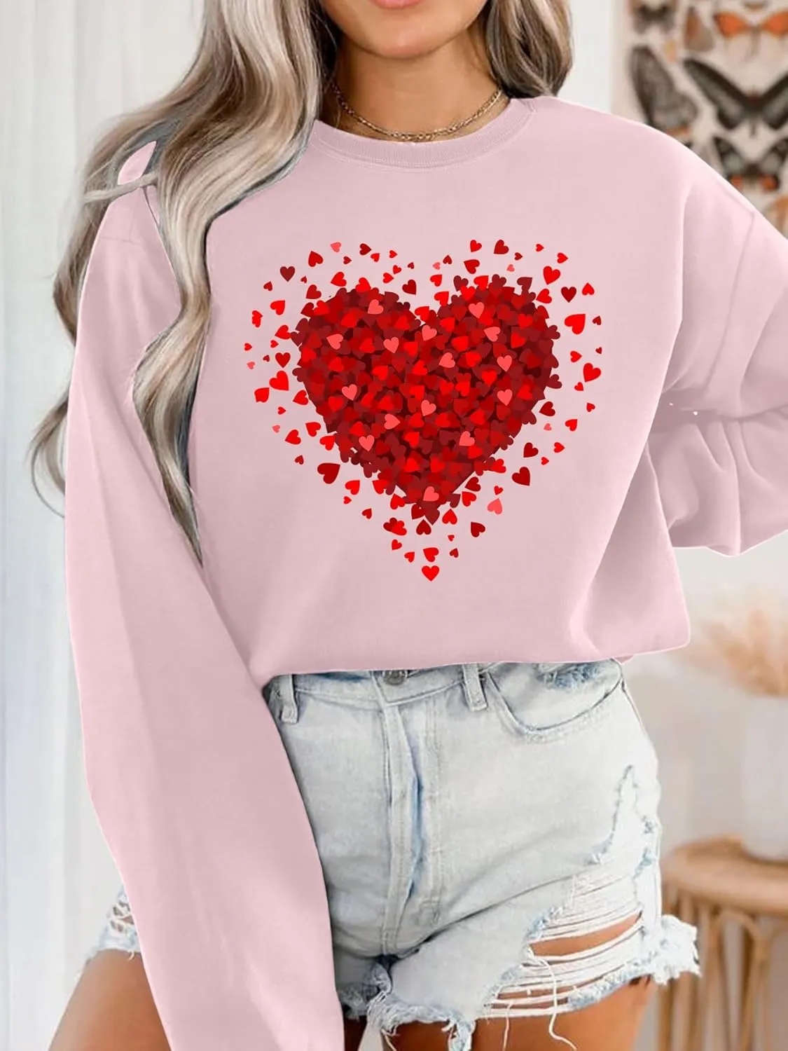 FLORENCE IISA Womens Oversized Graphic Crewneck Sweatshirt Long Sleeve Pullover Tops Heart Print Valentines Sweatshirt