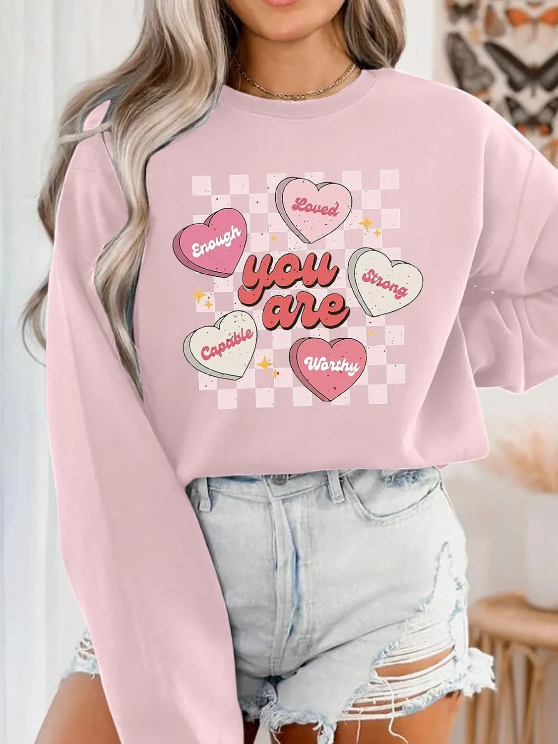 FLORENCE IISA Womens Oversized Graphic Crewneck Sweatshirt Long Sleeve Pullover Tops Heart Print Valentines Sweatshirt