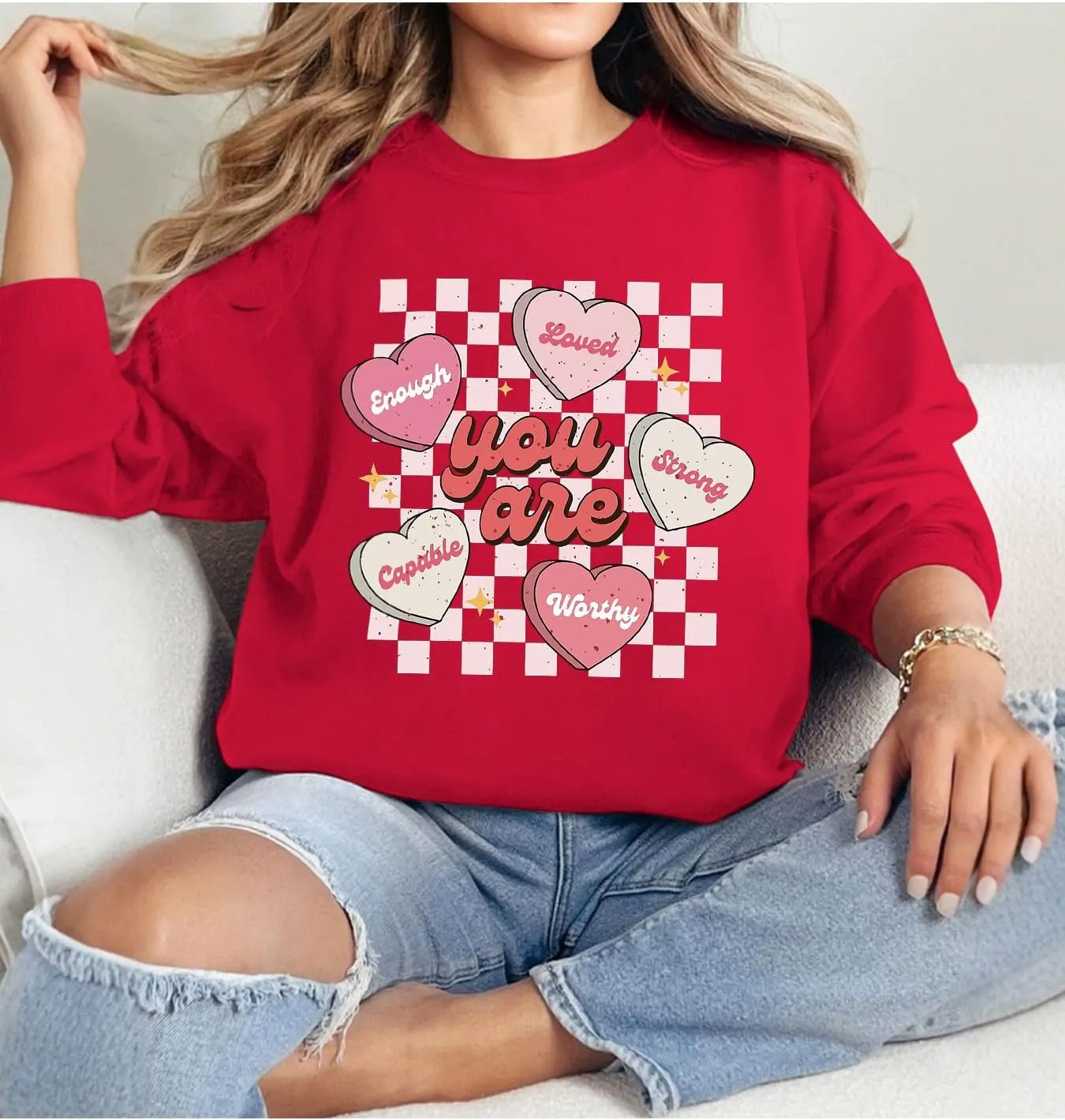 FLORENCE IISA Womens Oversized Graphic Crewneck Sweatshirt Long Sleeve Pullover Tops Heart Print Valentines Sweatshirt