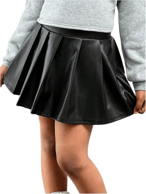 Girl's Faux Leather Pleated Mini Skirt High Waisted Flared Skater Skirts