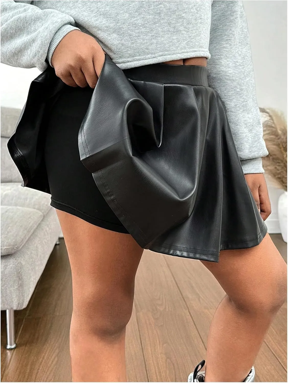 Girl's Faux Leather Pleated Mini Skirt High Waisted Flared Skater Skirts