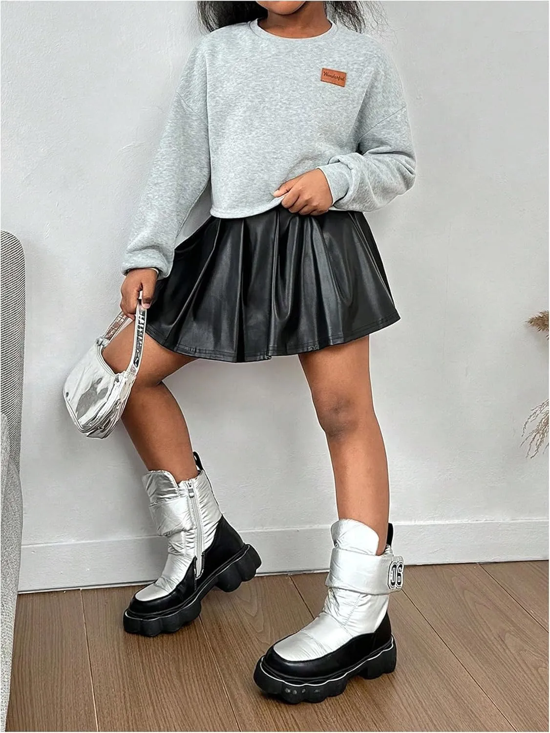 Girl's Faux Leather Pleated Mini Skirt High Waisted Flared Skater Skirts