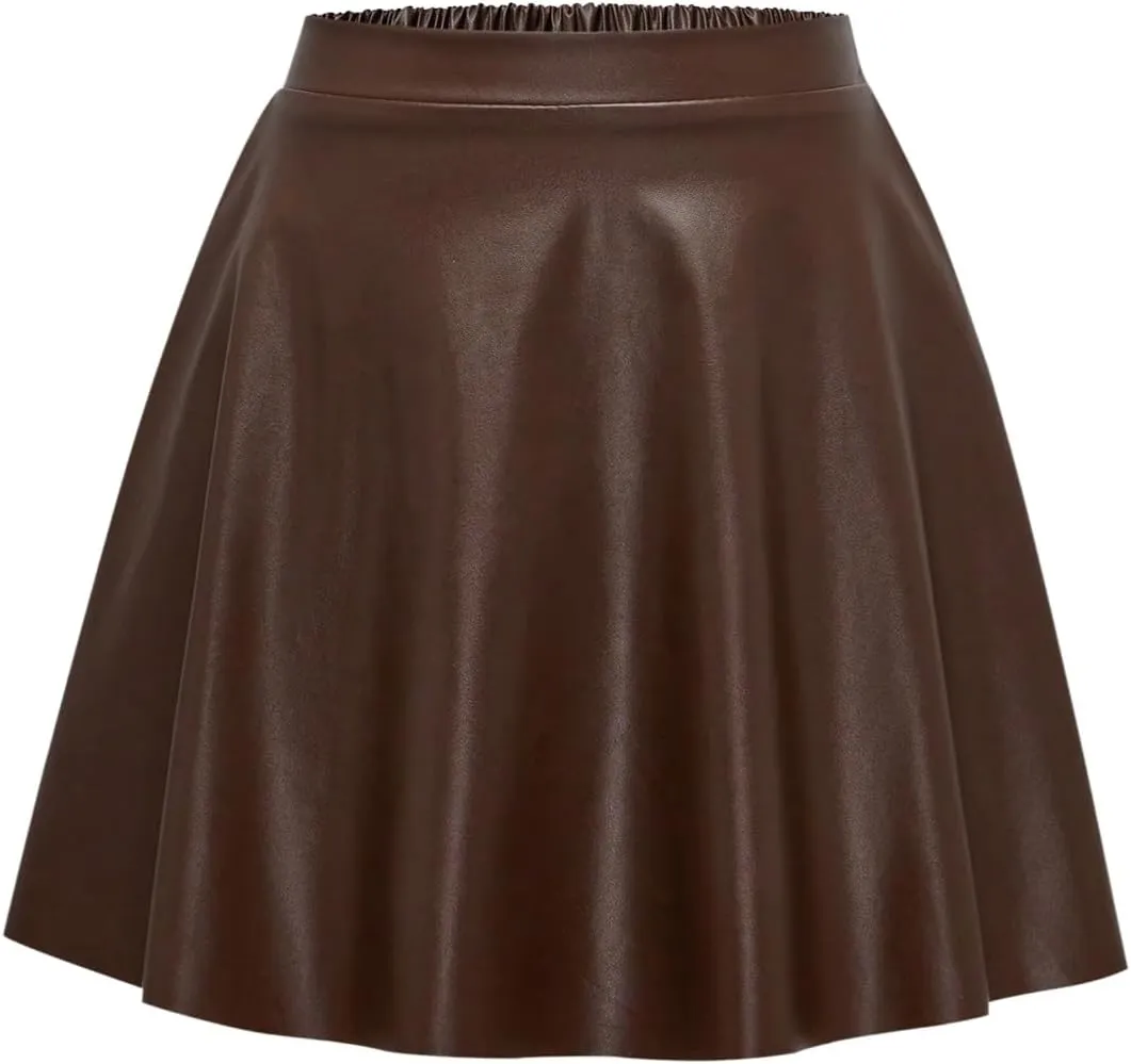 Girl's Faux Leather Pleated Mini Skirt High Waisted Flared Skater Skirts