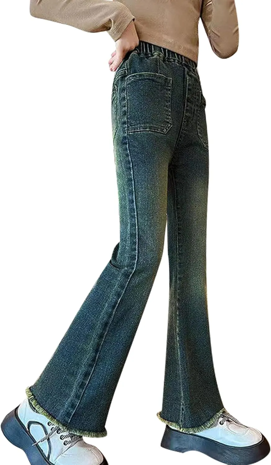 Girls Flare Leg Bell Bottom Jeans Kids Vintage Slim Fit Stretchy Bootcut Denim Pants
