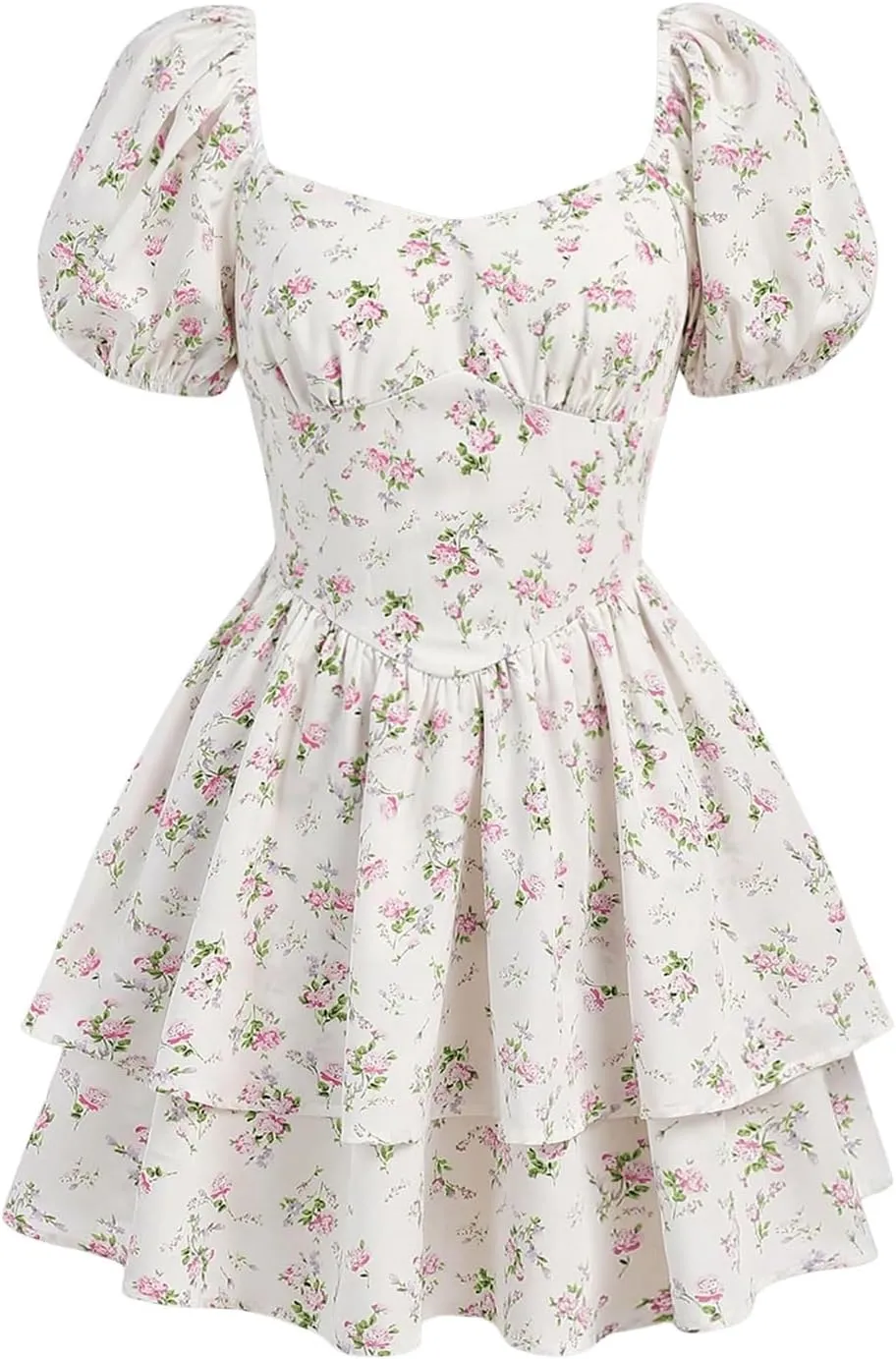 Girl's Floral Summer Dress Layer Ruffle Sweetheart Neck Short Puff Sleeve A Line Casual Dress
