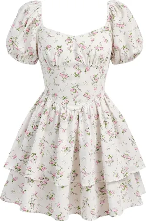 Girl's Floral Summer Dress Layer Ruffle Sweetheart Neck Short Puff Sleeve A Line Casual Dress