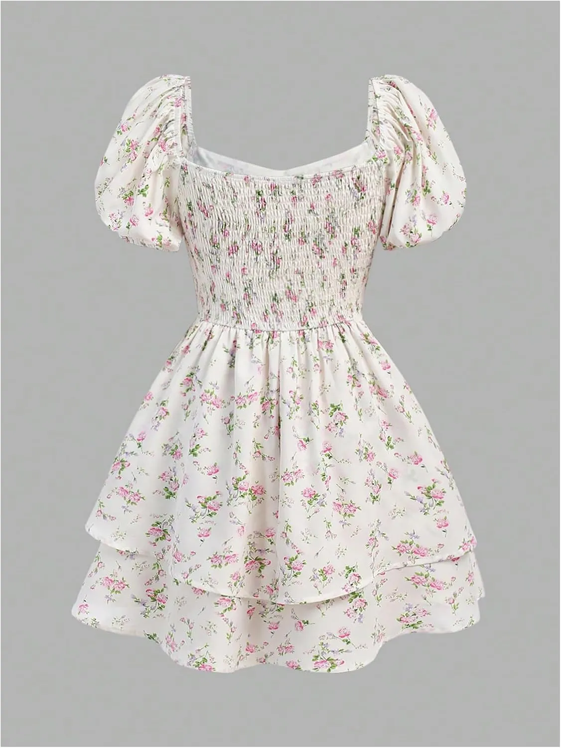 Girl's Floral Summer Dress Layer Ruffle Sweetheart Neck Short Puff Sleeve A Line Casual Dress