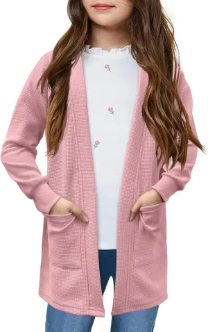 Girls Open Front Cardigan Long Sleeve Casual Fall Winter Loose Knit Sweaters Coat with Pockets