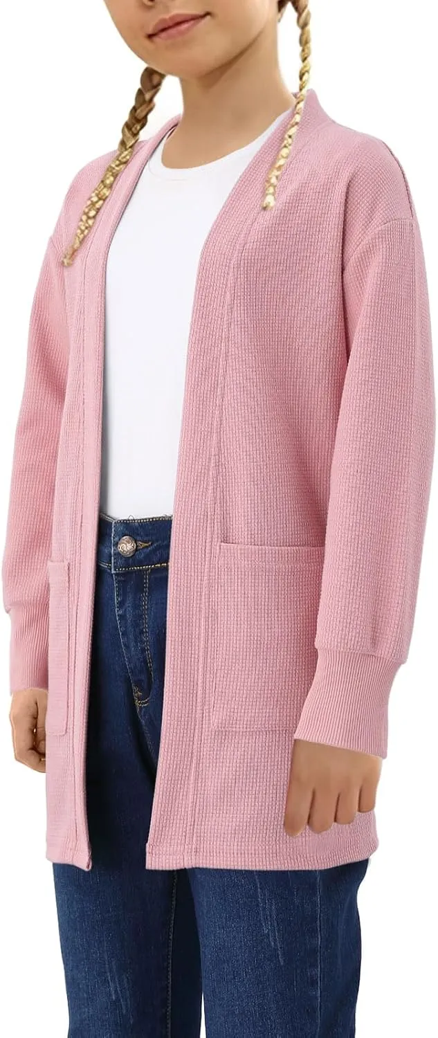 Girls Open Front Cardigan Long Sleeve Casual Fall Winter Loose Knit Sweaters Coat with Pockets