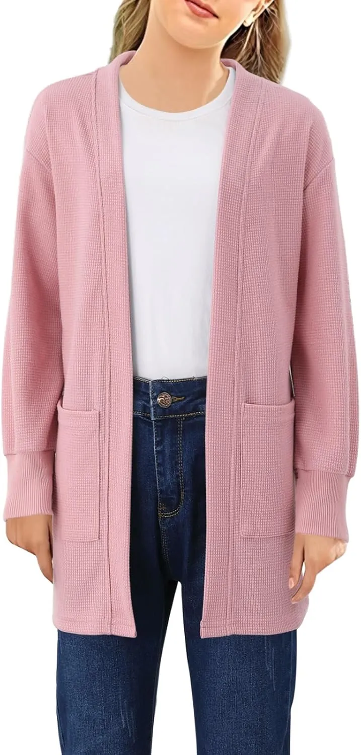 Girls Open Front Cardigan Long Sleeve Casual Fall Winter Loose Knit Sweaters Coat with Pockets