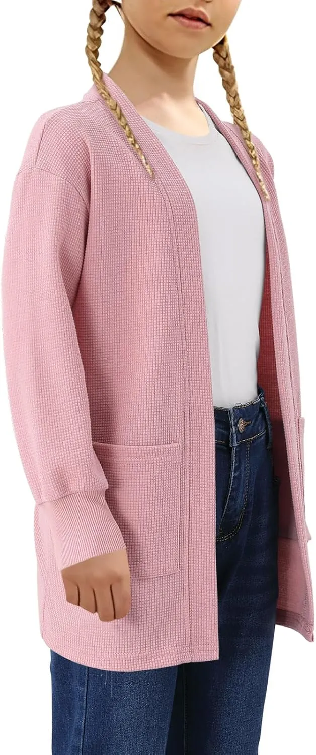 Girls Open Front Cardigan Long Sleeve Casual Fall Winter Loose Knit Sweaters Coat with Pockets