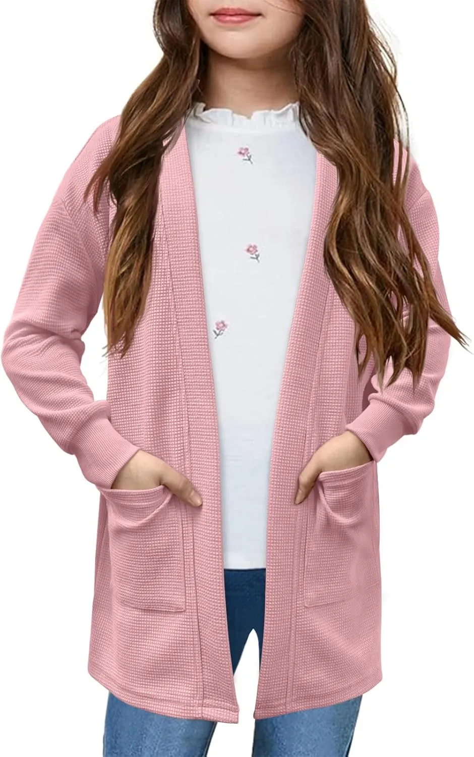 Girls Open Front Cardigan Long Sleeve Casual Fall Winter Loose Knit Sweaters Coat with Pockets