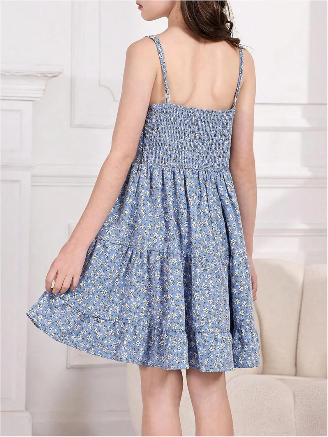 Girl's Summer Dress Floral Ruffle Hem Spaghetti Strap Ruched Bust Cami Short Dress Sundress