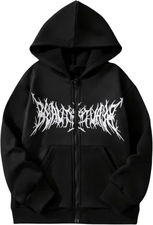 GORGLITTER Boy's Letter Graphic Kangaroo Pocket Sweatshirt Long Sleeve Zip Up Hoodie