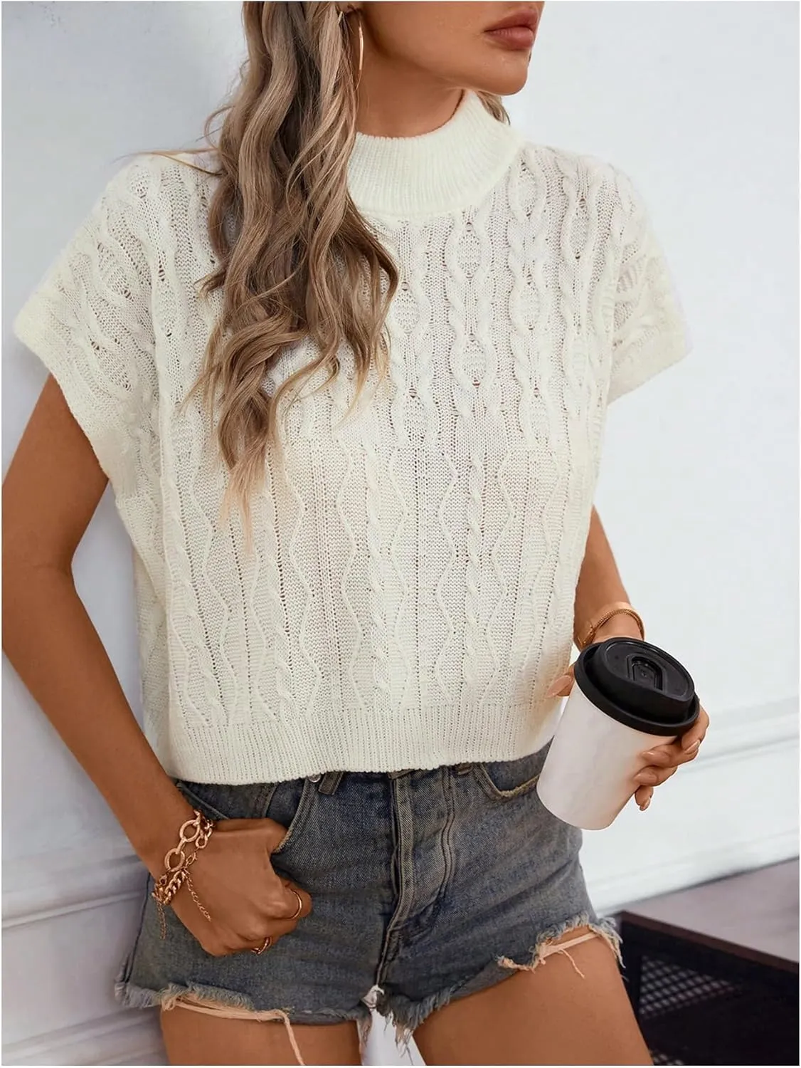 GORGLITTER Women's Cap Sleeve Cable Knit Sweater Tops Cute Mock Neck Loose Pullover Sweaters