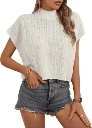 GORGLITTER Women's Cap Sleeve Cable Knit Sweater Tops Cute Mock Neck Loose Pullover Sweaters