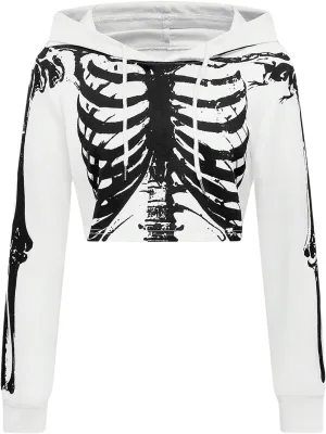 GORGLITTER Women's Cropped Goth Graphic Skeleton Hoodie Long Sleeve Drawstring Pullover Hoodies