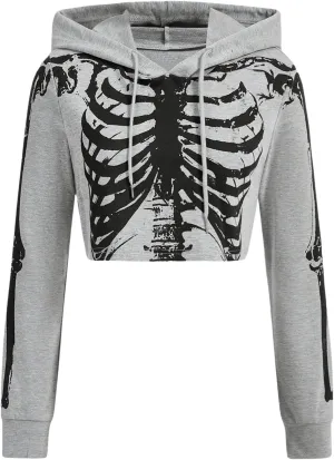 GORGLITTER Women's Cropped Goth Graphic Skeleton Hoodie Long Sleeve Drawstring Pullover Hoodies