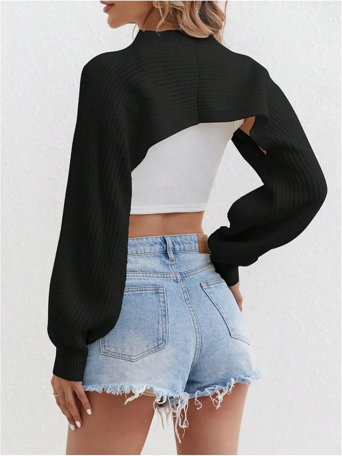 GORGLITTER Women's Cropped Sweater Mock Neck Bishop Sleeve Long Sleeve Knit Shrug Top