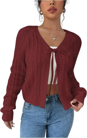 GORGLITTER Women's White Cropped Cardigan Tie Front Cardigan Cable Knit Sweater