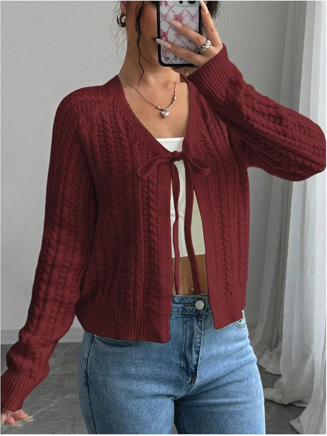 GORGLITTER Women's White Cropped Cardigan Tie Front Cardigan Cable Knit Sweater