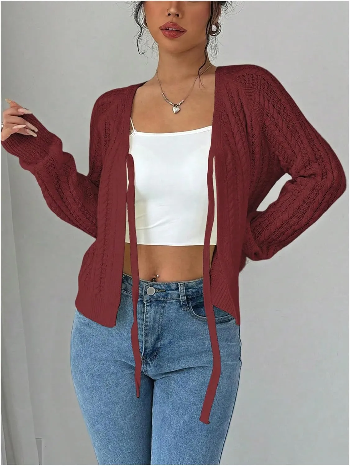 GORGLITTER Women's White Cropped Cardigan Tie Front Cardigan Cable Knit Sweater