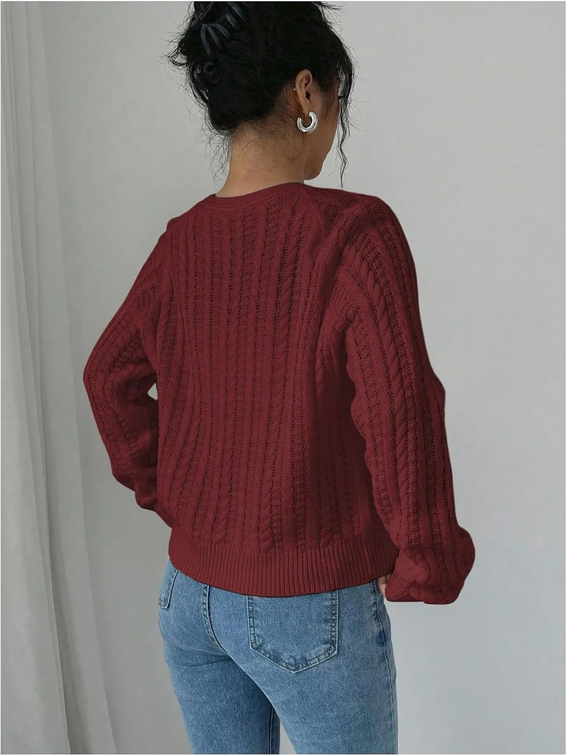 GORGLITTER Women's White Cropped Cardigan Tie Front Cardigan Cable Knit Sweater