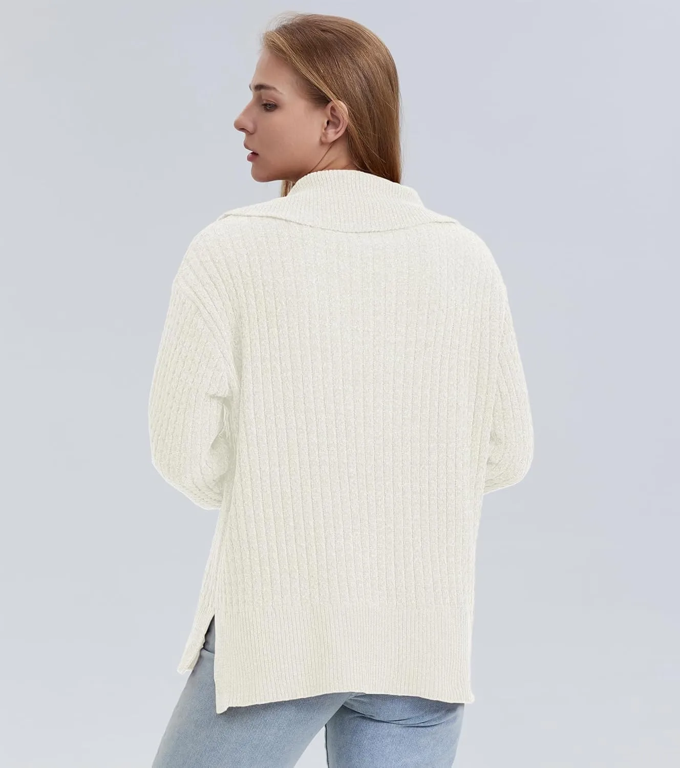 Half Zip Sweater for Women Spring Casual V Neck Long Sleeve Chenille Pullover Cable Car Quarter Zip Sweater Knit Tops