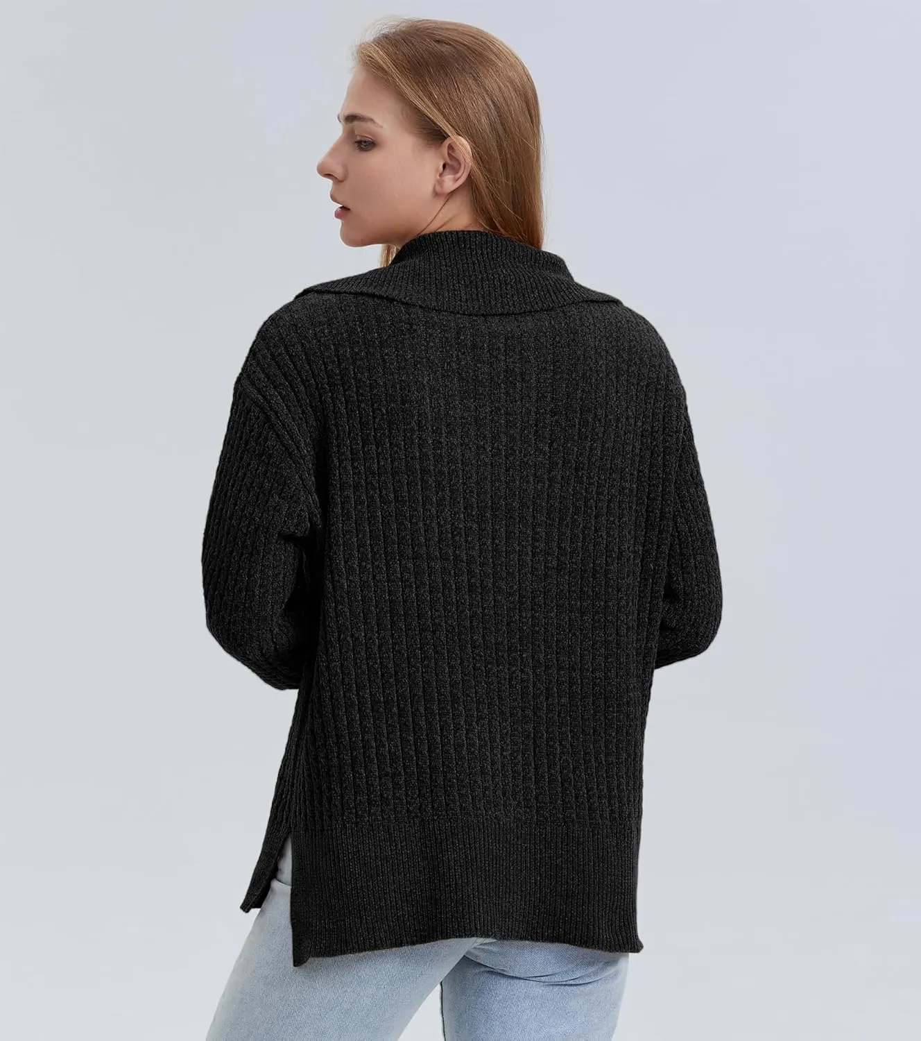 Half Zip Sweater for Women Spring Casual V Neck Long Sleeve Chenille Pullover Cable Car Quarter Zip Sweater Knit Tops