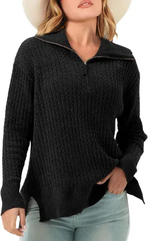 Half Zip Sweater for Women Spring Casual V Neck Long Sleeve Chenille Pullover Cable Car Quarter Zip Sweater Knit Tops