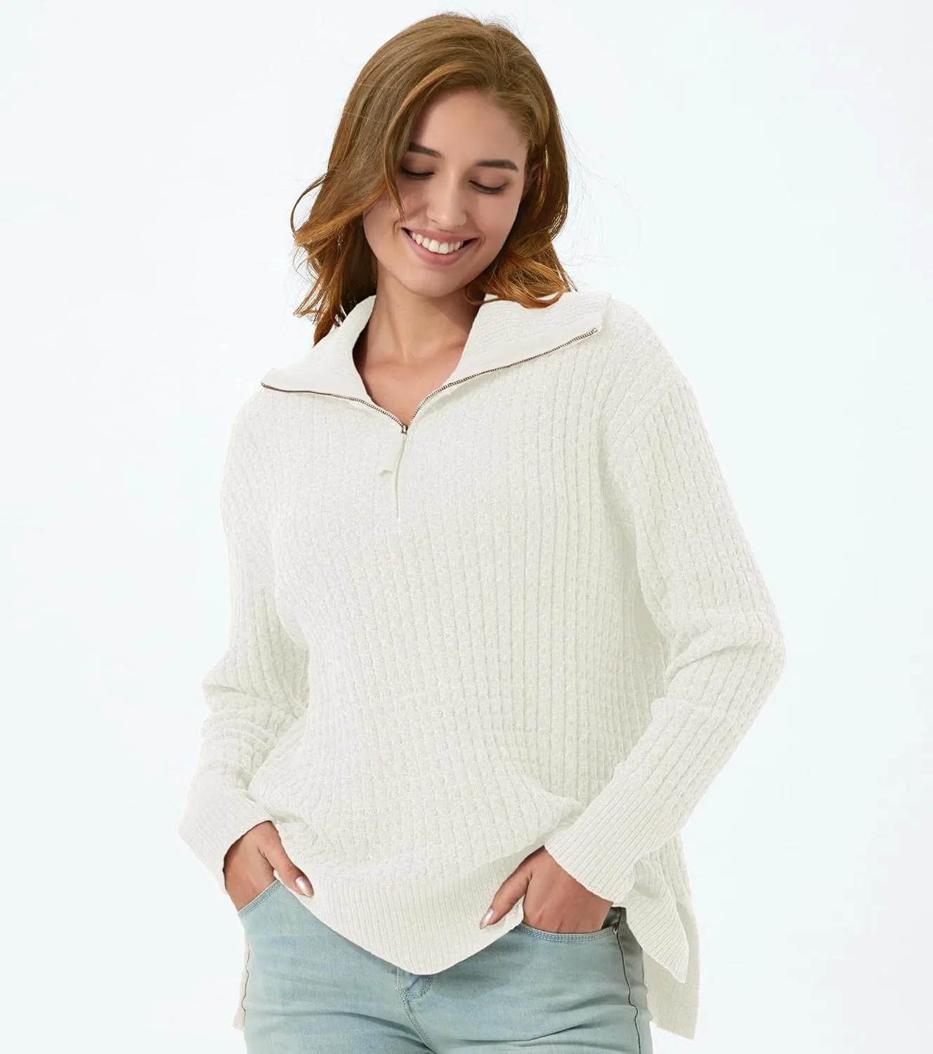Half Zip Sweater for Women Spring Casual V Neck Long Sleeve Chenille Pullover Cable Car Quarter Zip Sweater Knit Tops