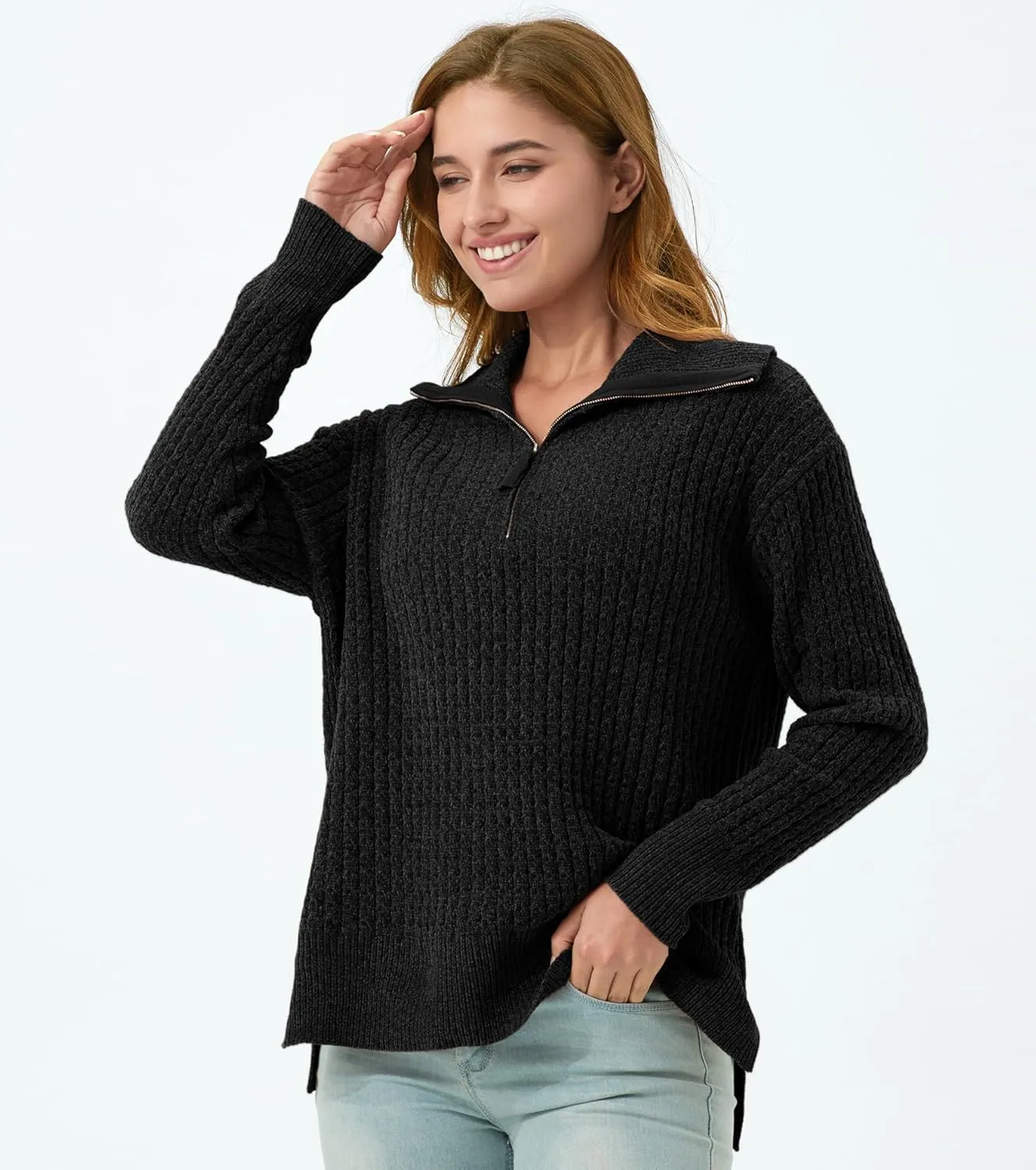 Half Zip Sweater for Women Spring Casual V Neck Long Sleeve Chenille Pullover Cable Car Quarter Zip Sweater Knit Tops