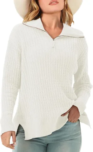 Half Zip Sweater for Women Spring Casual V Neck Long Sleeve Chenille Pullover Cable Car Quarter Zip Sweater Knit Tops