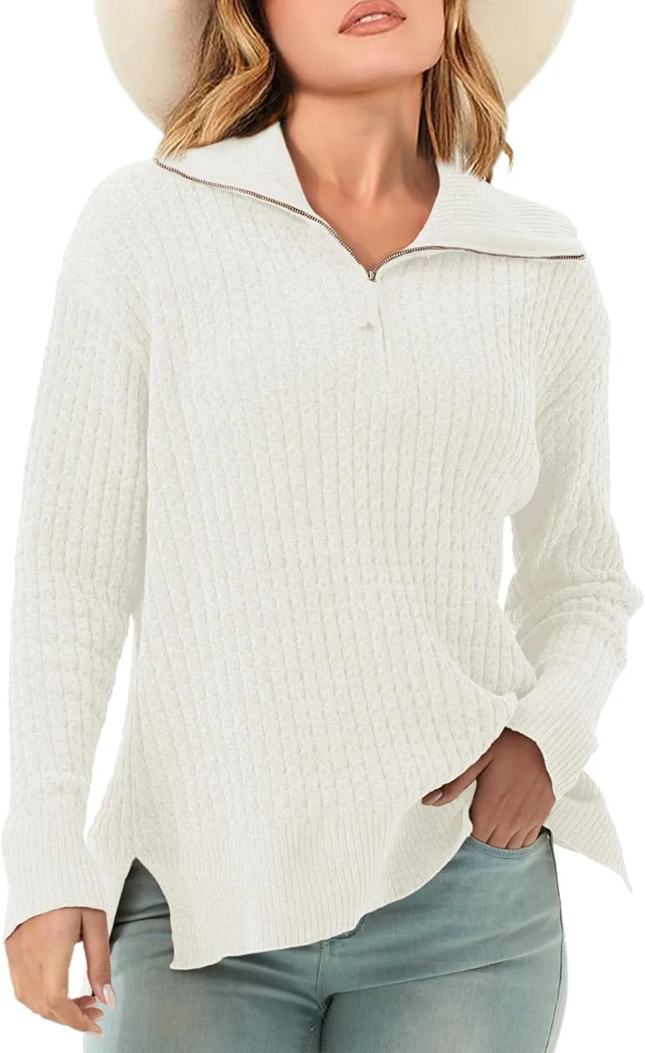 Half Zip Sweater for Women Spring Casual V Neck Long Sleeve Chenille Pullover Cable Car Quarter Zip Sweater Knit Tops