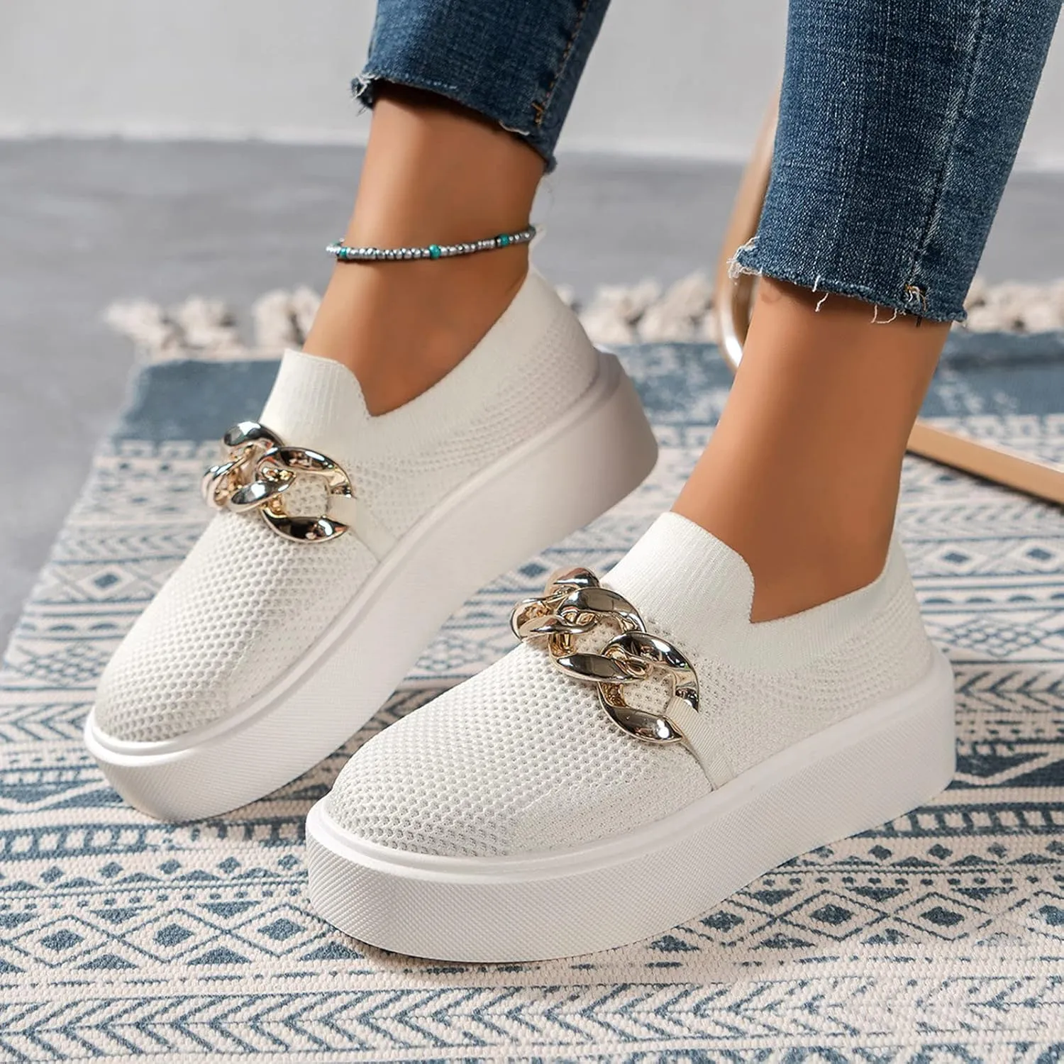 Hbeylia Platform Fashion Sneakers for Women Casual Breathable Mesh Air Metal Chain Design Round Toe Chunky Bottom High Heels Low Top Canvas Shoes Slip On Flats Walking Shoes Play Sneakers Loafers