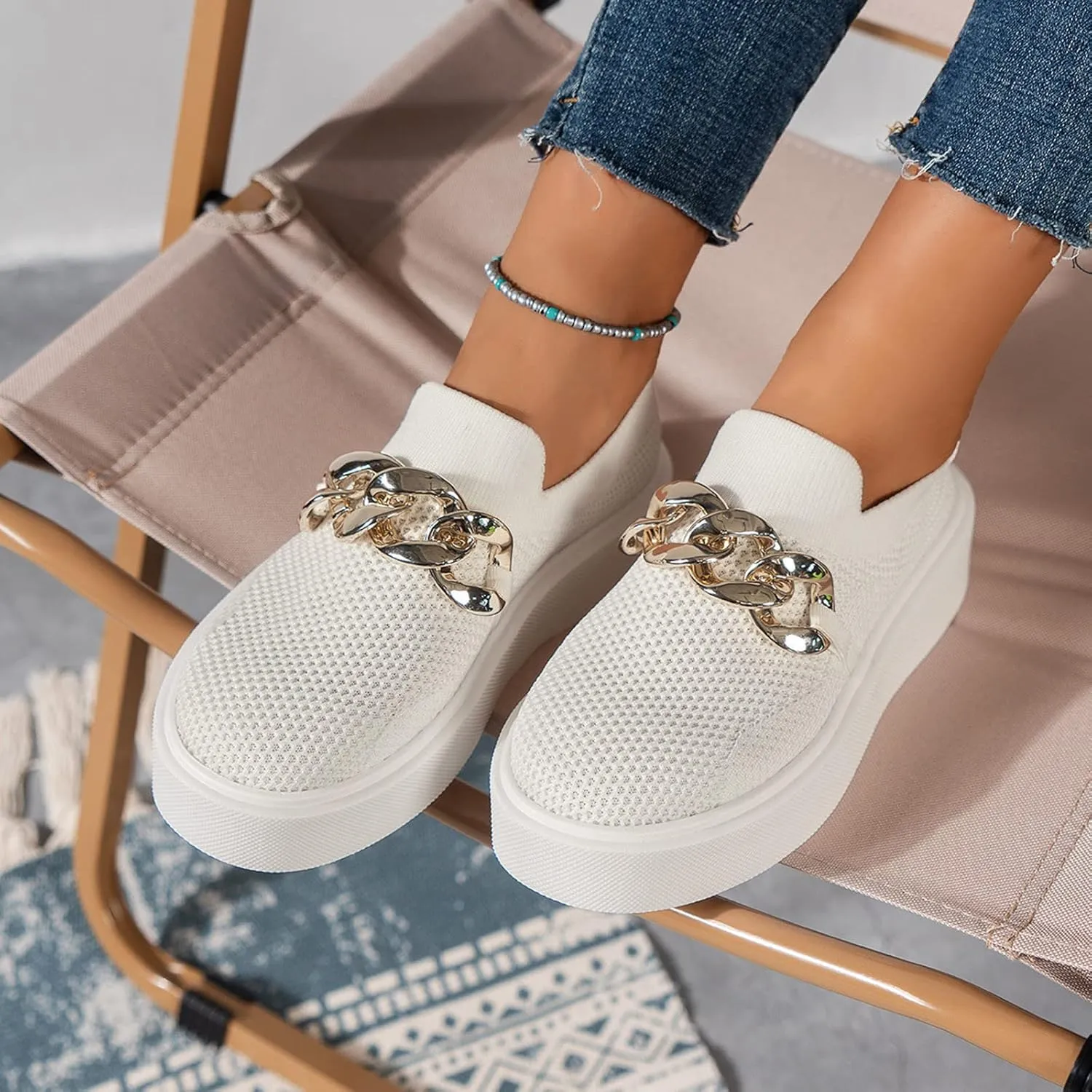 Hbeylia Platform Fashion Sneakers for Women Casual Breathable Mesh Air Metal Chain Design Round Toe Chunky Bottom High Heels Low Top Canvas Shoes Slip On Flats Walking Shoes Play Sneakers Loafers
