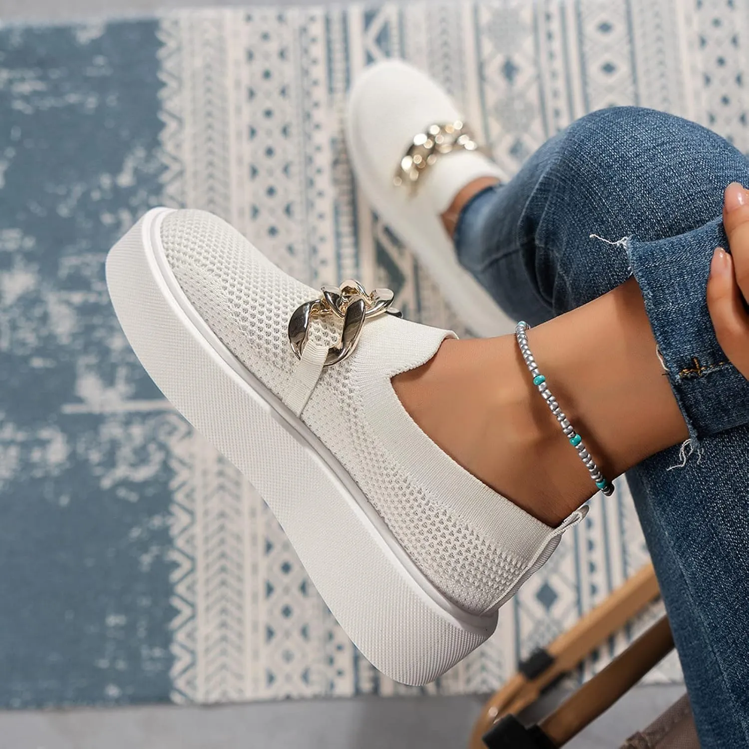 Hbeylia Platform Fashion Sneakers for Women Casual Breathable Mesh Air Metal Chain Design Round Toe Chunky Bottom High Heels Low Top Canvas Shoes Slip On Flats Walking Shoes Play Sneakers Loafers