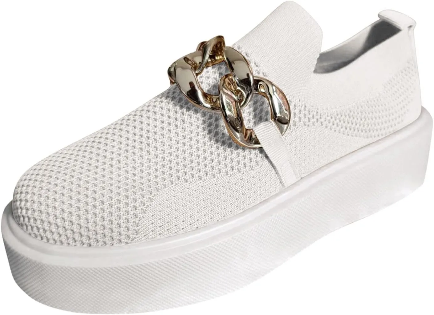 Hbeylia Platform Fashion Sneakers for Women Casual Breathable Mesh Air Metal Chain Design Round Toe Chunky Bottom High Heels Low Top Canvas Shoes Slip On Flats Walking Shoes Play Sneakers Loafers
