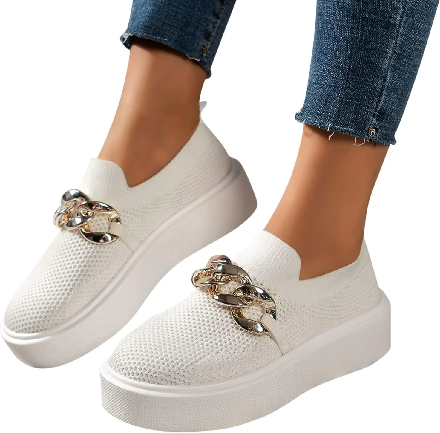 Hbeylia Platform Fashion Sneakers for Women Casual Breathable Mesh Air Metal Chain Design Round Toe Chunky Bottom High Heels Low Top Canvas Shoes Slip On Flats Walking Shoes Play Sneakers Loafers