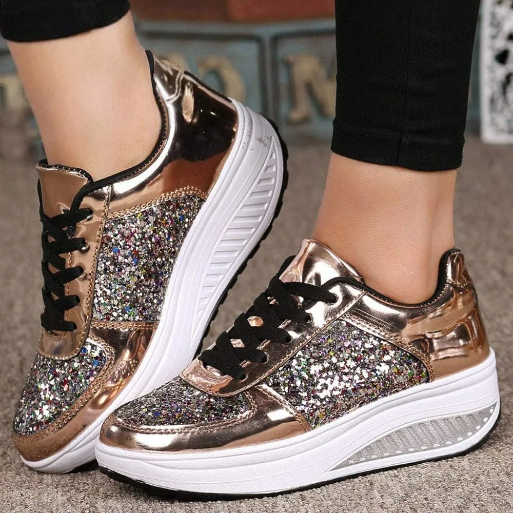 Hbeylia Platform Fashion Sneakers For Women Glitter Squin Leather Fashion Casual Chunky Bottom High Heels Low Top Canvas Shoes Casual Anti Skid Lace Up Leather Slip On Walking Loafers Work Shoes
