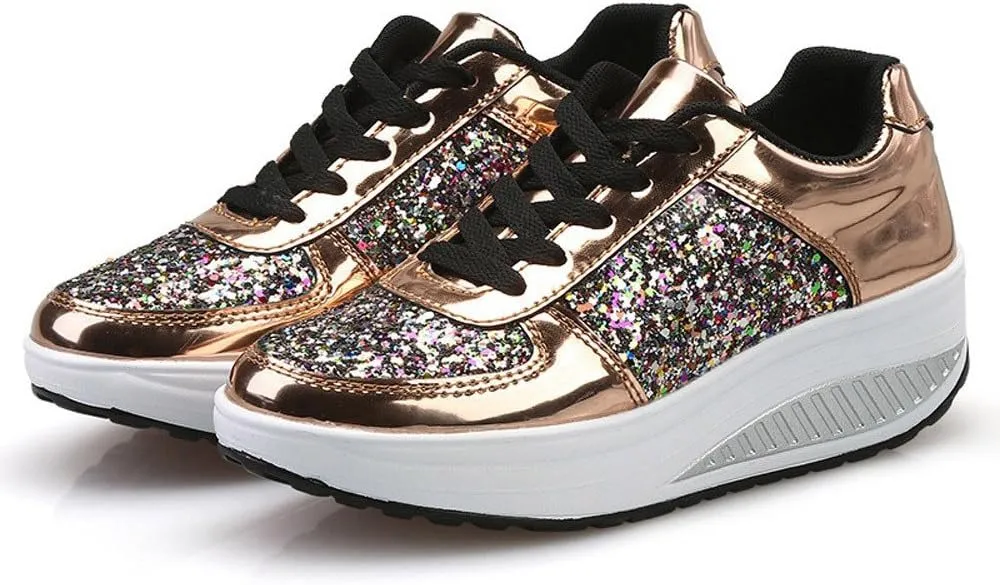 Hbeylia Platform Fashion Sneakers For Women Glitter Squin Leather Fashion Casual Chunky Bottom High Heels Low Top Canvas Shoes Casual Anti Skid Lace Up Leather Slip On Walking Loafers Work Shoes