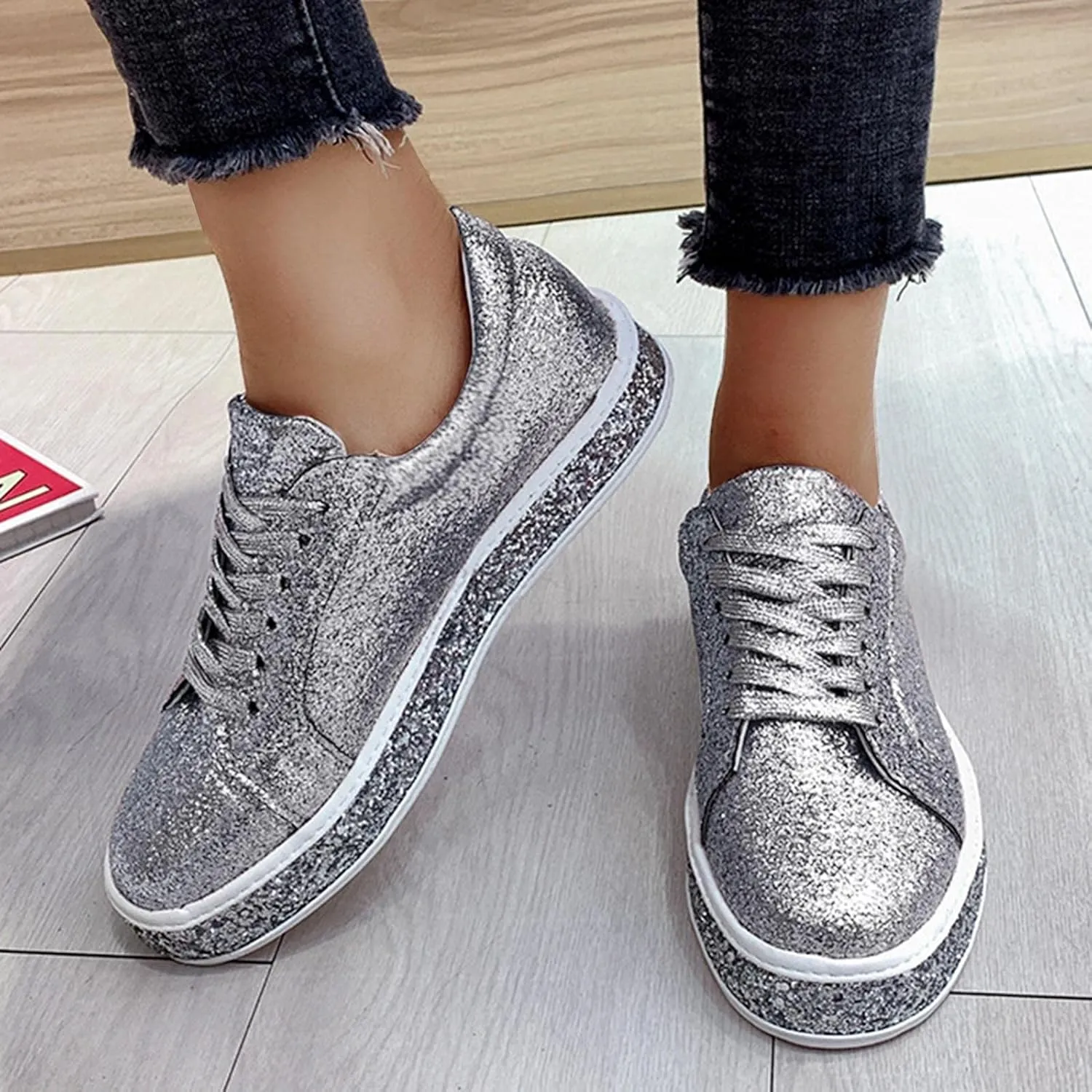 Hbeylia Platform Fashion Sneakers Glitter Sequin Lace Up Chunky Bottom Slip On Flats Walking Shoes Trendy Leather Fall Low Top Canvas Shoes For Women Ladies Bride Wedding Dress Party Decor