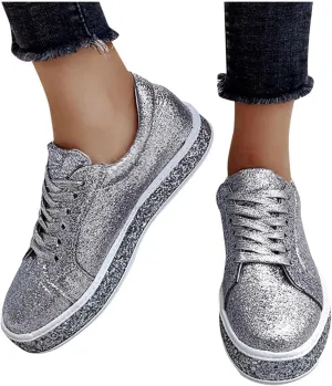 Hbeylia Platform Fashion Sneakers Glitter Sequin Lace Up Chunky Bottom Slip On Flats Walking Shoes Trendy Leather Fall Low Top Canvas Shoes For Women Ladies Bride Wedding Dress Party Decor