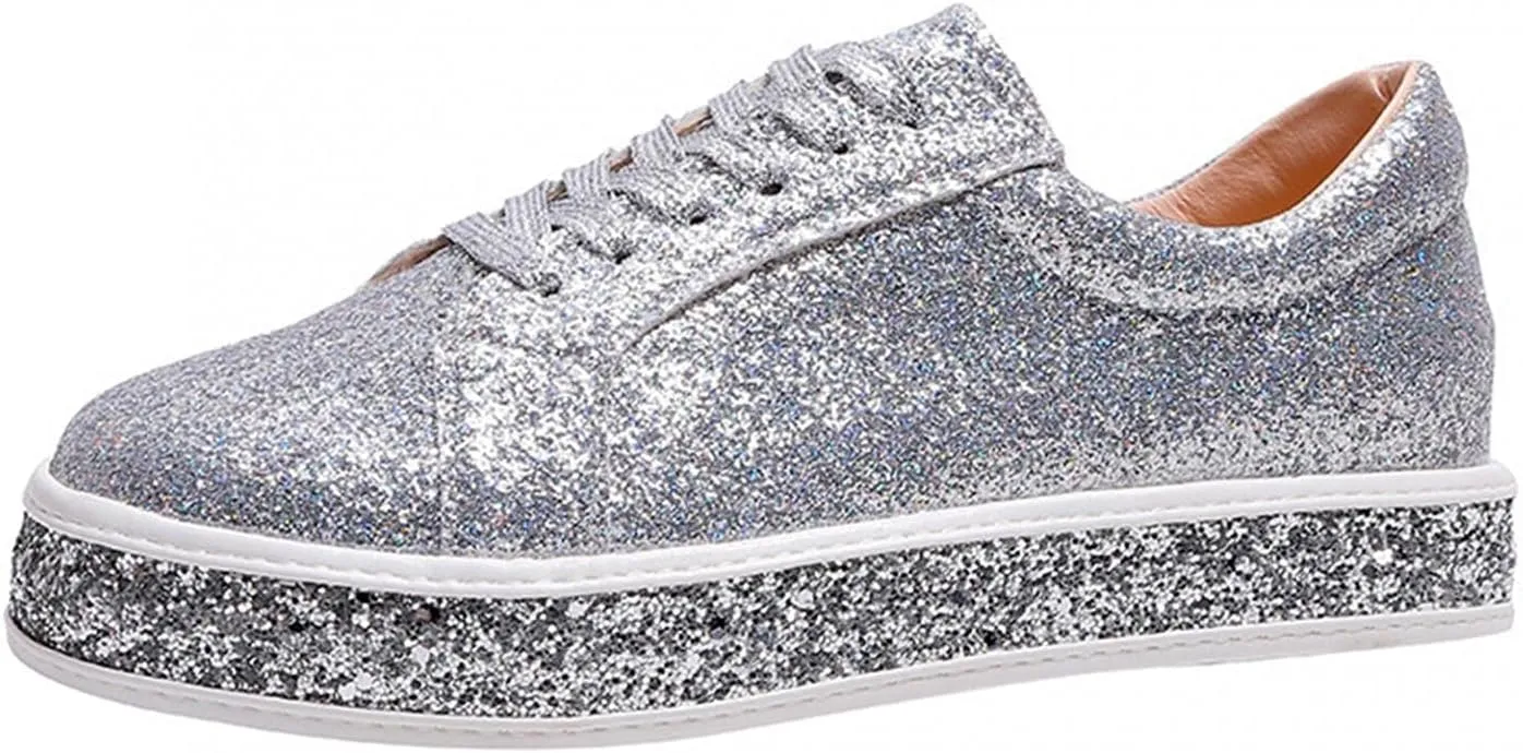Hbeylia Platform Fashion Sneakers Glitter Sequin Lace Up Chunky Bottom Slip On Flats Walking Shoes Trendy Leather Fall Low Top Canvas Shoes For Women Ladies Bride Wedding Dress Party Decor