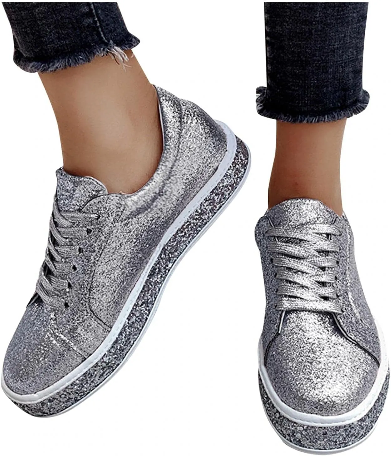 Hbeylia Platform Fashion Sneakers Glitter Sequin Lace Up Chunky Bottom Slip On Flats Walking Shoes Trendy Leather Fall Low Top Canvas Shoes For Women Ladies Bride Wedding Dress Party Decor