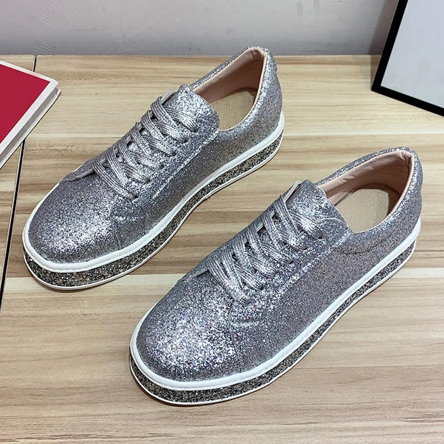 Hbeylia Platform Fashion Sneakers Glitter Sequin Lace Up Chunky Bottom Slip On Flats Walking Shoes Trendy Leather Fall Low Top Canvas Shoes For Women Ladies Bride Wedding Dress Party Decor