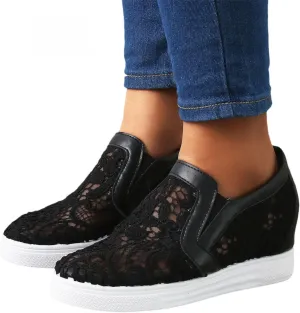 Hbeylia Platform Hidden Heels Sneakers For Women Fashion Flower Embroidered Design Lace Crochet Slip On Chunky Bottom High Heels High Top Canvas Shoes Casual Walking Slip On Loafers Work Shoes