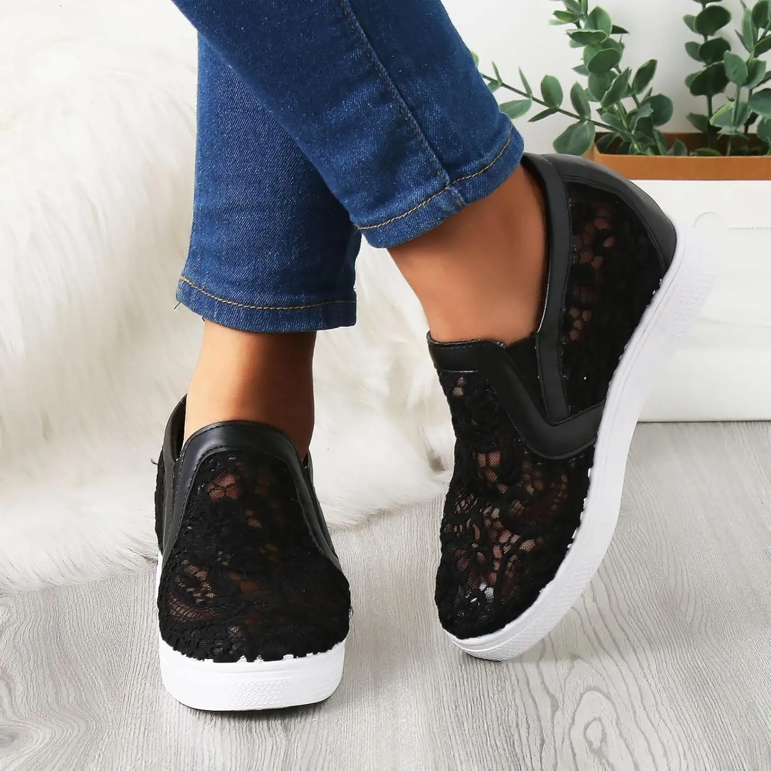 Hbeylia Platform Hidden Heels Sneakers For Women Fashion Flower Embroidered Design Lace Crochet Slip On Chunky Bottom High Heels High Top Canvas Shoes Casual Walking Slip On Loafers Work Shoes