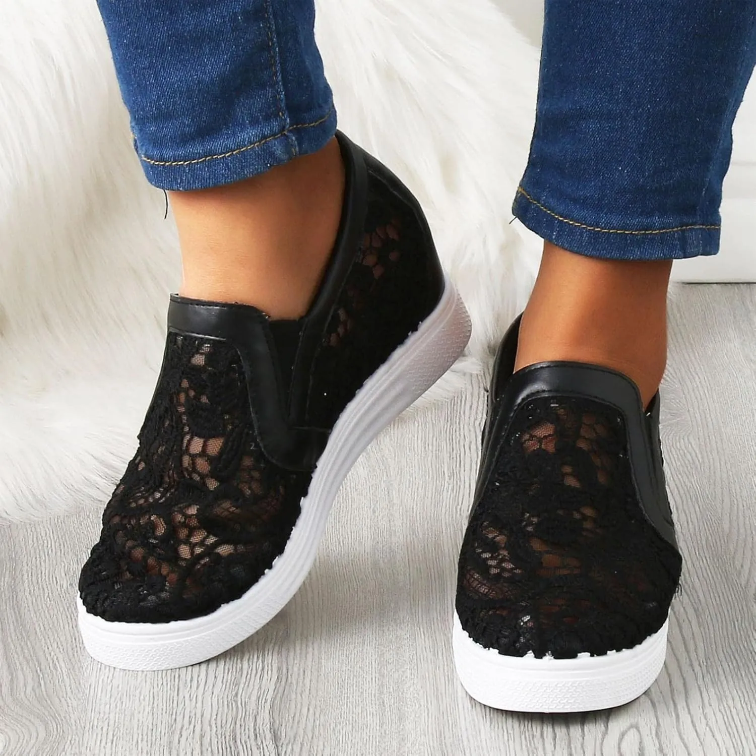 Hbeylia Platform Hidden Heels Sneakers For Women Fashion Flower Embroidered Design Lace Crochet Slip On Chunky Bottom High Heels High Top Canvas Shoes Casual Walking Slip On Loafers Work Shoes